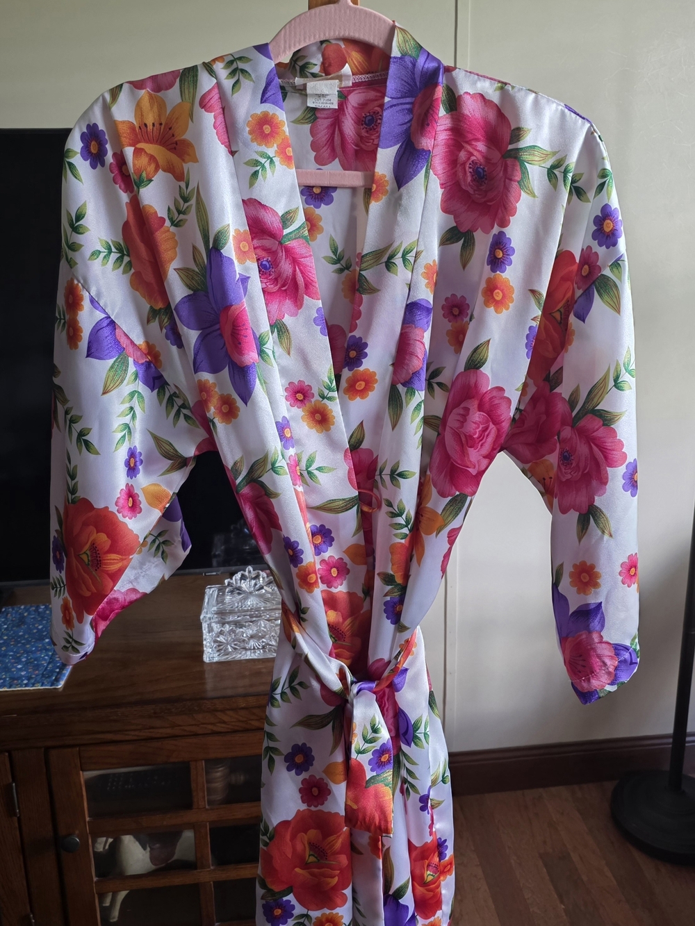 LA Intimates Floral Satin Kimono Robe - White with Pink, Purple & Orange Flowers